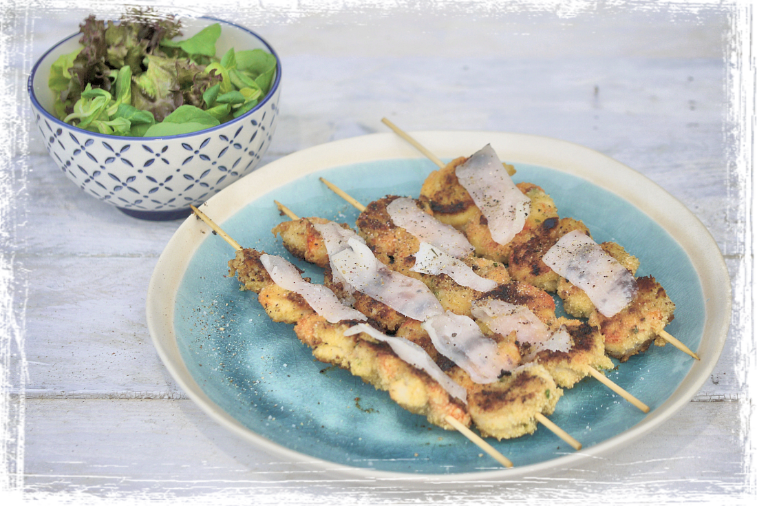Spiedini di gamberi con lardo di Arnad Spiedini di gamberi con lardo di Arnad