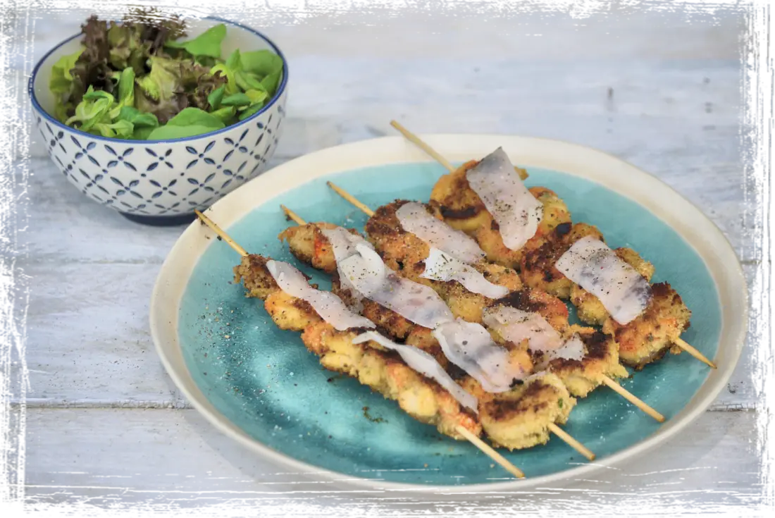 Spiedini di gamberi con lardo di Arnad Spiedini di gamberi con lardo di Arnad