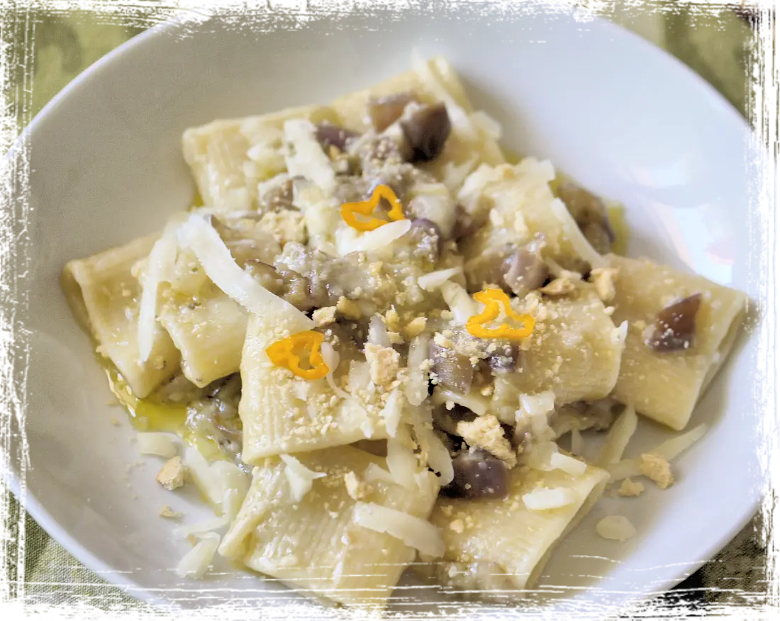 Mezzi paccheri al sugo bianco di melanzane Mezzi paccheri al sugo bianco di melanzane