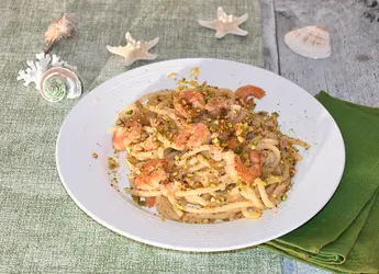 Pici con mazzancolle e pistacchi