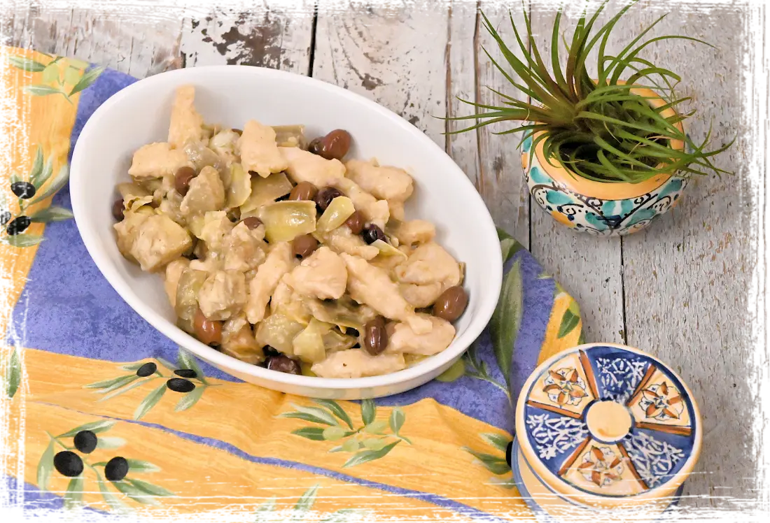 Straccetti di pollo con carciofi e olive taggiasche